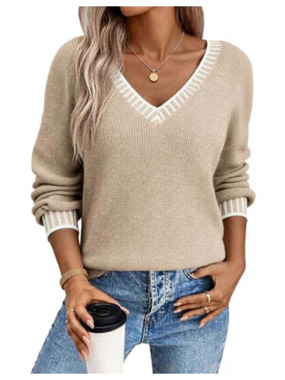 Dokotoo Womens V Neck Long Sleeve Contrast Knit Pullover Sweater